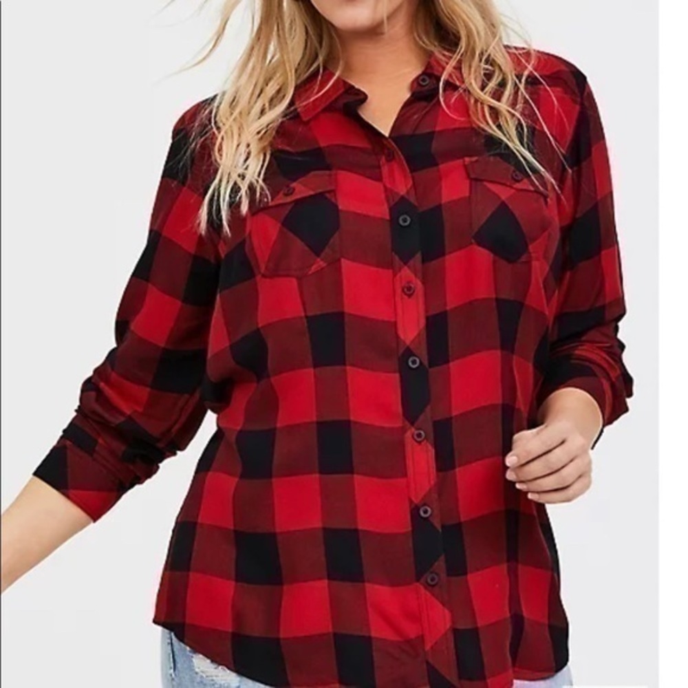 Torrid Red Plaid Twill Button Front Slim Fit Shirt NWT